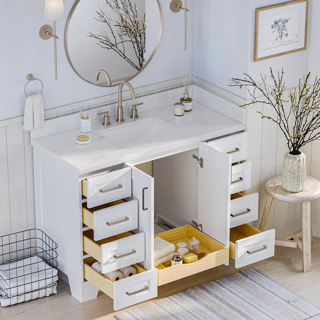 ARIEL Taylor 48-inch Bathroom Vanity with Sink,Solid Wood, 1.5-inch Pure White Quartz Countertop & Backsplash, Single Rectangular Porcelain Sink, 2 Soft Closing Doors, 9 Dovetail Drawers, White