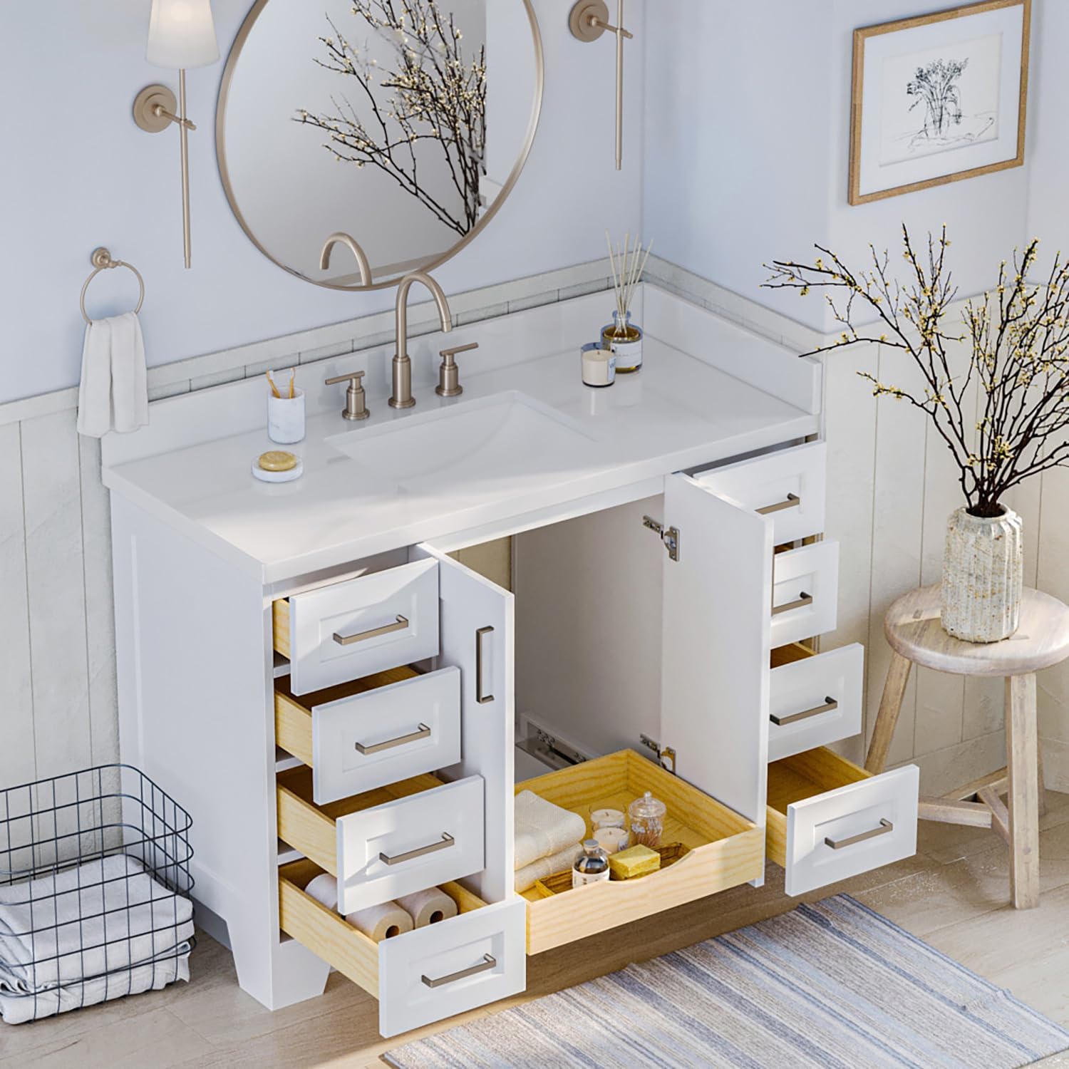 ARIEL Taylor 48-inch Bathroom Vanity with Sink,Solid Wood, 1.5-inch Pure White Quartz Countertop & Backsplash, Single Rectangular Porcelain Sink, 2 Soft Closing Doors, 9 Dovetail Drawers, White