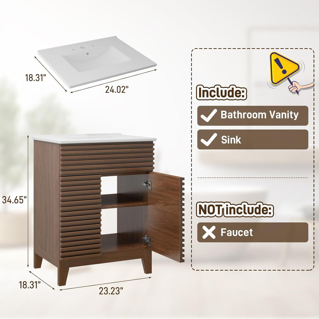 Vabches Bathroom Vanity with Sink Combo, Mid-Century Bathroom Cabinet with 3 Storage Drawers, Freestanding Storage Cabinet with Soft Closing Door, Vintage Sink Vanity with Wood Grain Laminate, Walnut