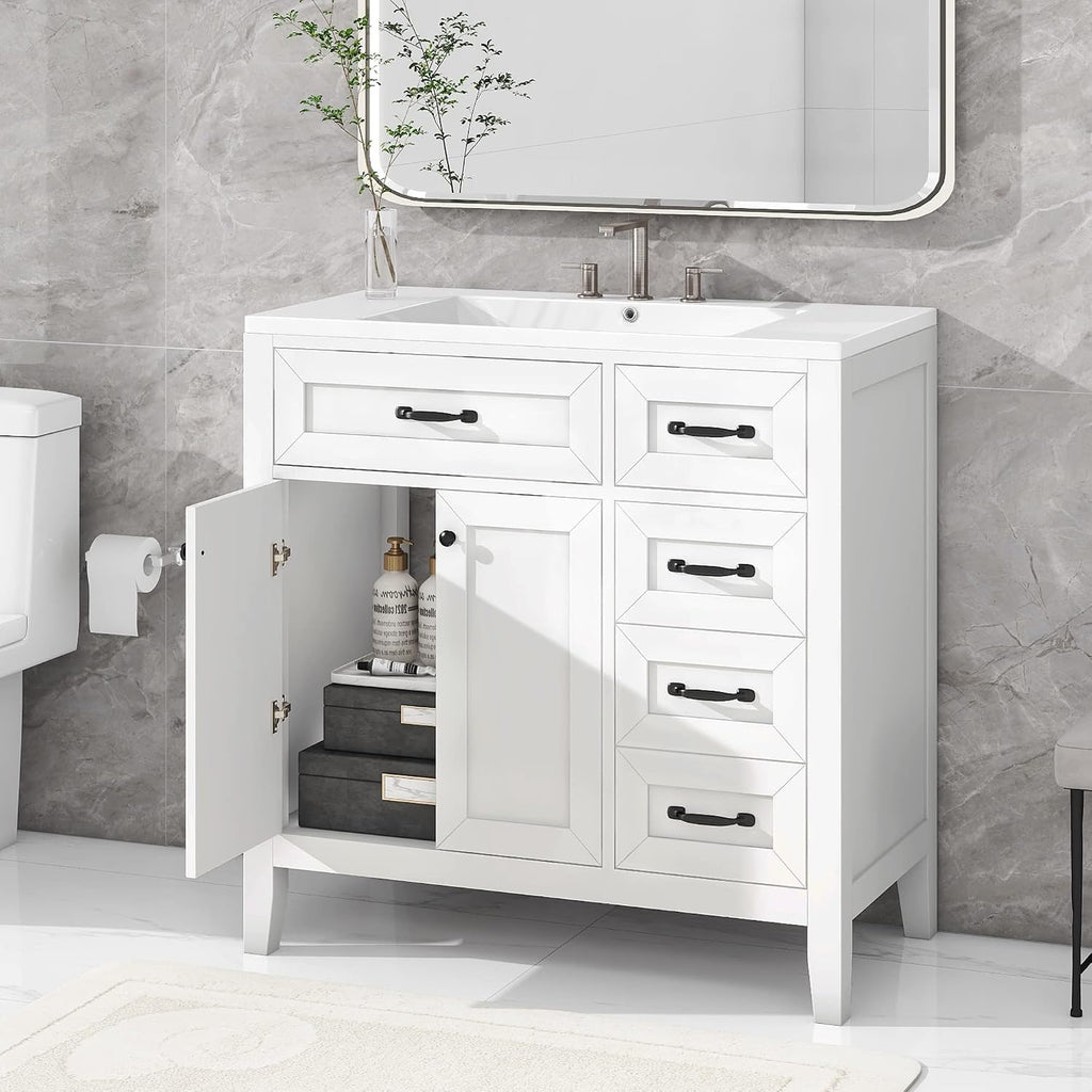 36 Inch Bathroom Vanity Without Sink, Base Only, Storage Cabinet with Doors and Drawers, White