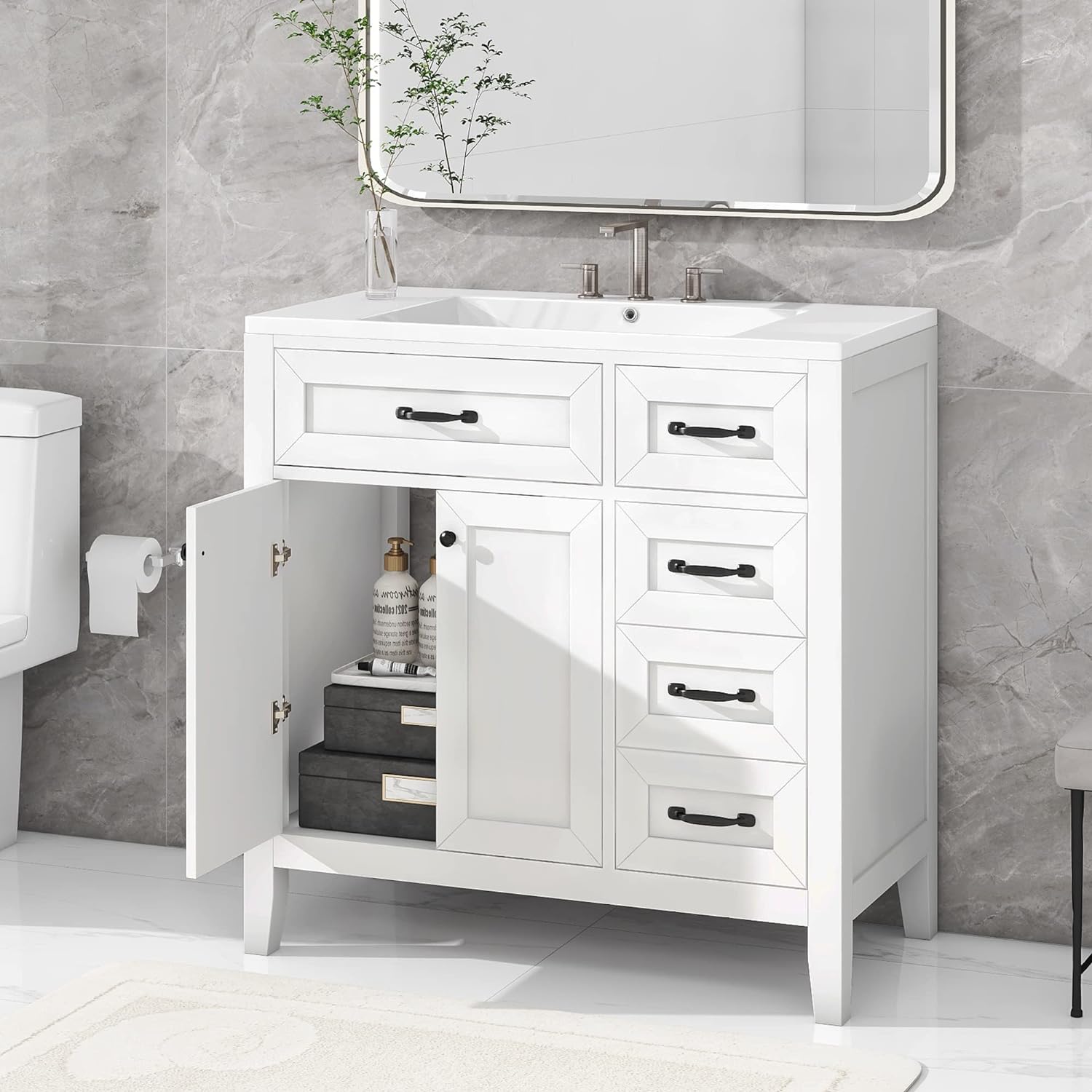 36' Vanity with Sink, Bathroom Vanity witn Sink Top, 36 Inch Single Sink Bathroom Vanty with3 Drawers and 2 Doors (White)