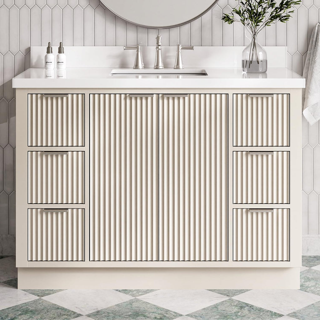ARIEL Milan 48-inch Bathroom Vanity with Sink,Solid Wood, 1.5-inch Pure White Quartz Countertop & Backsplash, Single Rectangular Porcelain Sink, 2 Soft Closing Doors, 6 Dovetail Drawers, Warm White