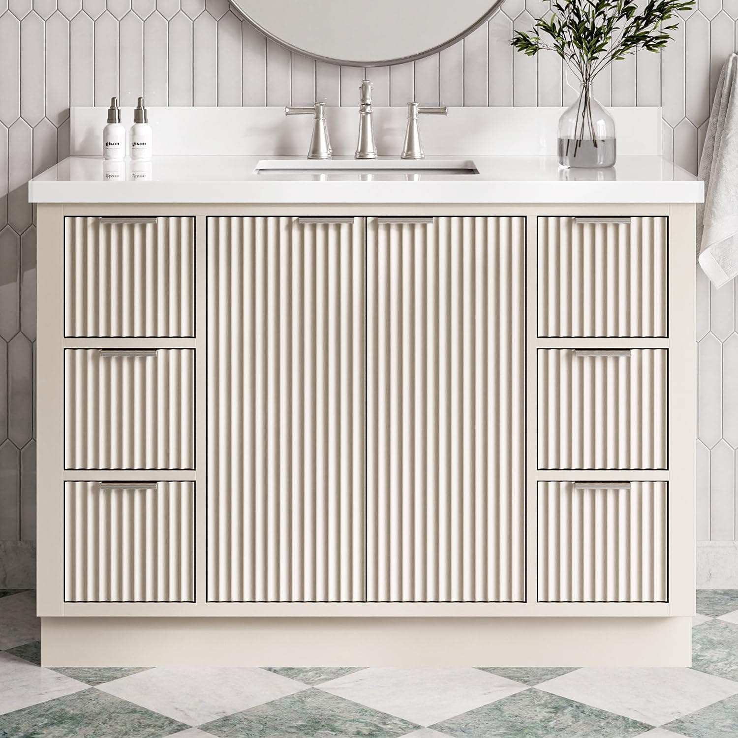 ARIEL Milan 48-inch Bathroom Vanity with Sink,Solid Wood, 1.5-inch Pure White Quartz Countertop & Backsplash, Single Rectangular Porcelain Sink, 2 Soft Closing Doors, 6 Dovetail Drawers, Warm White