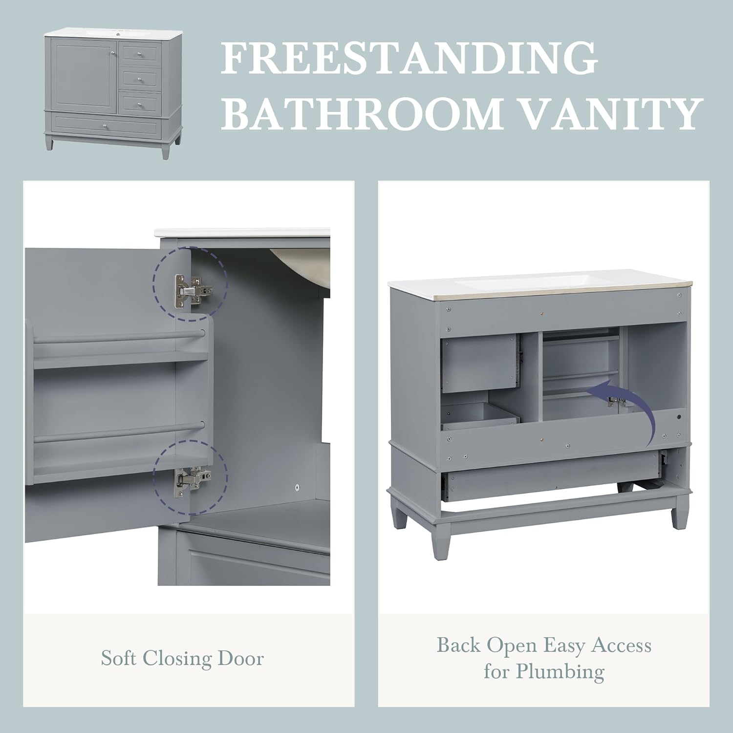36 Inch Bathroom Vanity with Sink Set, Undermount Vanity Sink Cabinet with 3 Drawers and Door Storage, Soft Closing Door, Wood Frame, Gray