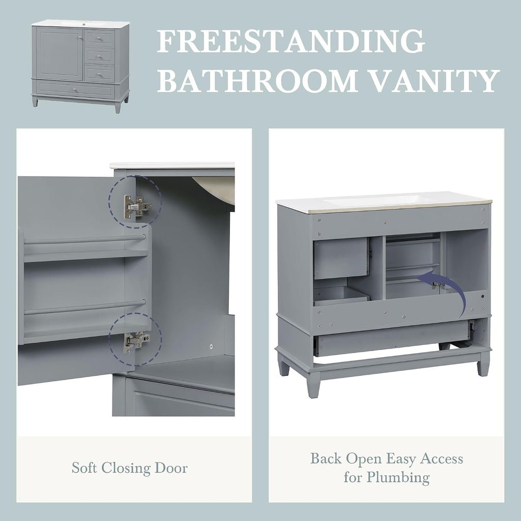 36' Modern Freestanding Bathroom Vanity with Ceramic Sink Top, 3 Drawers & Storage Shelves - MDF & Solid Wood Base