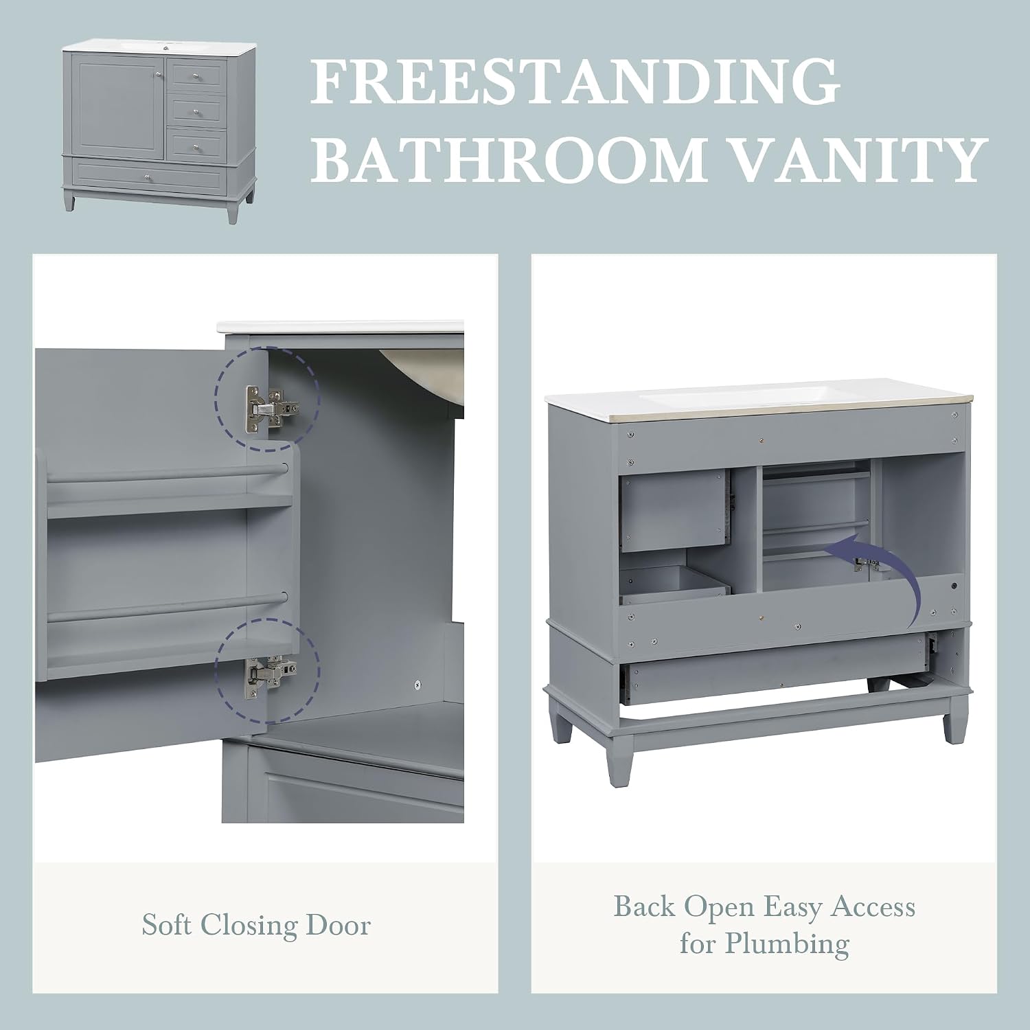 36' Modern Freestanding Bathroom Vanity with Ceramic Sink Top, 3 Drawers & Storage Shelves - MDF & Solid Wood Base