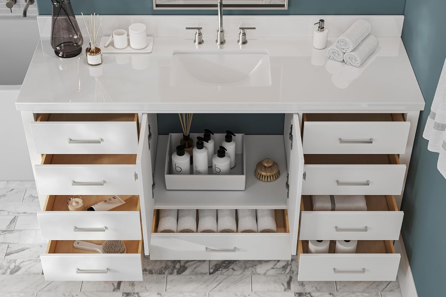 ARIEL Cambridge 66-inch Bathroom Vanity with Sink,Solid Wood, 1.5-inch Pure White Quartz Countertop & Backsplash, Single Rectangular Porcelain Sink, 2 Soft Closing Doors, 9 Dovetail Drawers, White