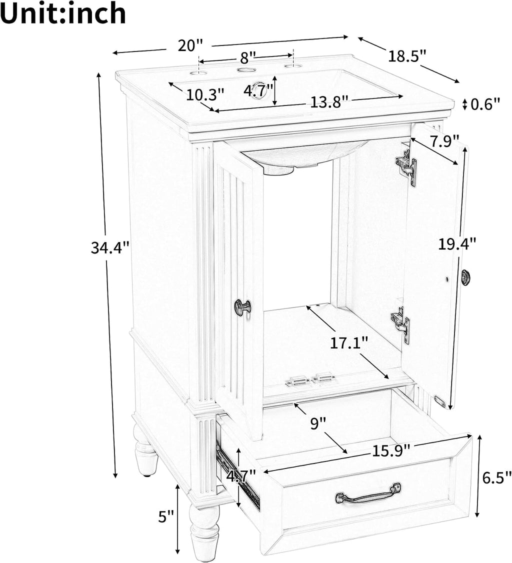 VilroCaz 20' Bathroom Vanity with Sink, Freestanding Bathroom Storage Cabinet with 2 Doors, a Drawer, Magnetic Door Stopper, Solid Wood Legs and Adjustable Foot Pads (White-10.10)