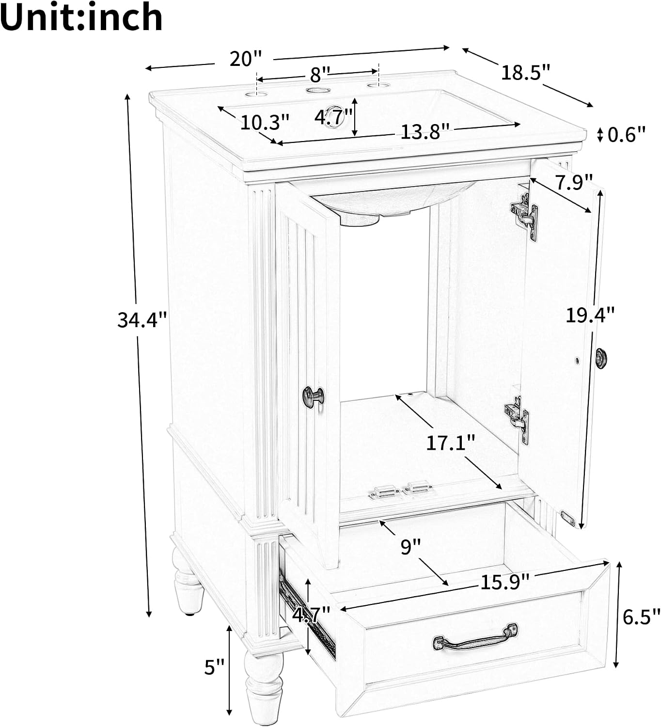 VilroCaz 20' Bathroom Vanity with Sink, Freestanding Bathroom Storage Cabinet with 2 Doors, a Drawer, Magnetic Door Stopper, Solid Wood Legs and Adjustable Foot Pads (White-10.10)
