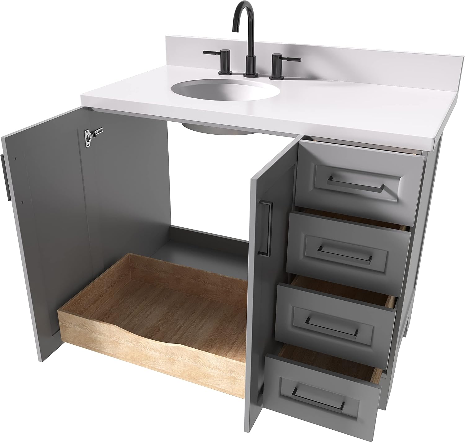ARIEL Taylor 42-inch Bathroom Vanity with Sink,Solid Wood, 1.5-inch Pure White Quartz Countertop & Backsplash, Single Oval Porcelain Sink, 2 Soft Closing Doors, 5 Dovetail Drawers, Grey