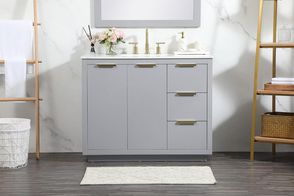 42 Single Bathroom Vanity, with Engineered Marble Top Soft-Close, Grey