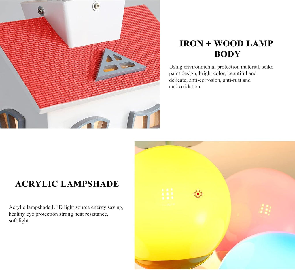Kids House Shape Ceiling Light Colorful Balloon Wood Chandelier Cartoon House Shape with Acrylic lampshade Sputnik Ceiling Light for Girls Boys Kid's Bedroom (D18.1*H22.8IN (8 Light))