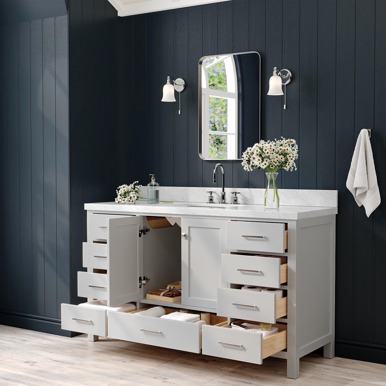 ARIEL Cambridge 60-inch Bathroom Vanity with Sink,Solid Wood, 1.5-inch Italian Carrara Marble Countertop, Single Rectangular Porcelain Sink, 2 Soft Closing Doors, 9 Dovetail Drawers, Grey