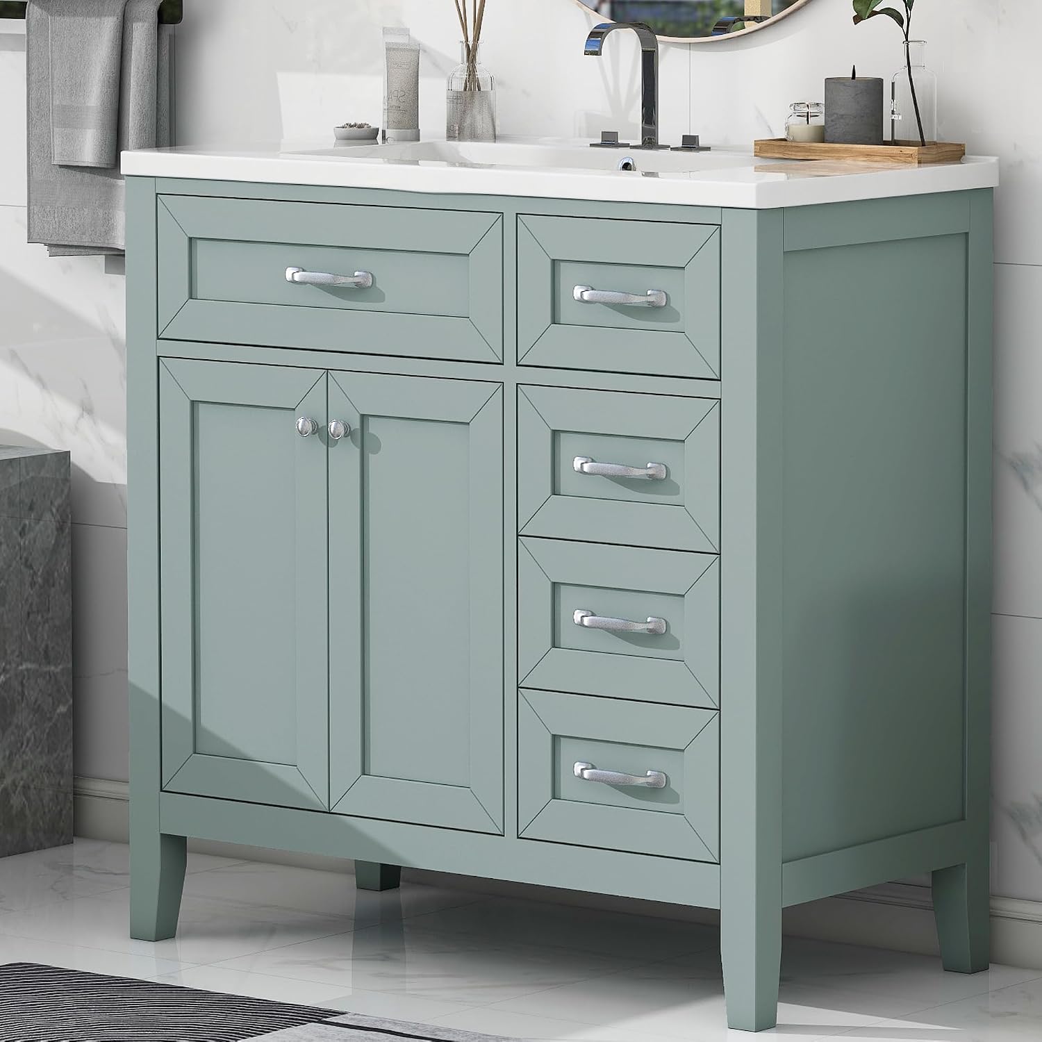 36' Bathroom Vanity with Sink Combo, Bathroom Cabinet with Drawers, Solid Frame and MDF Board,Green