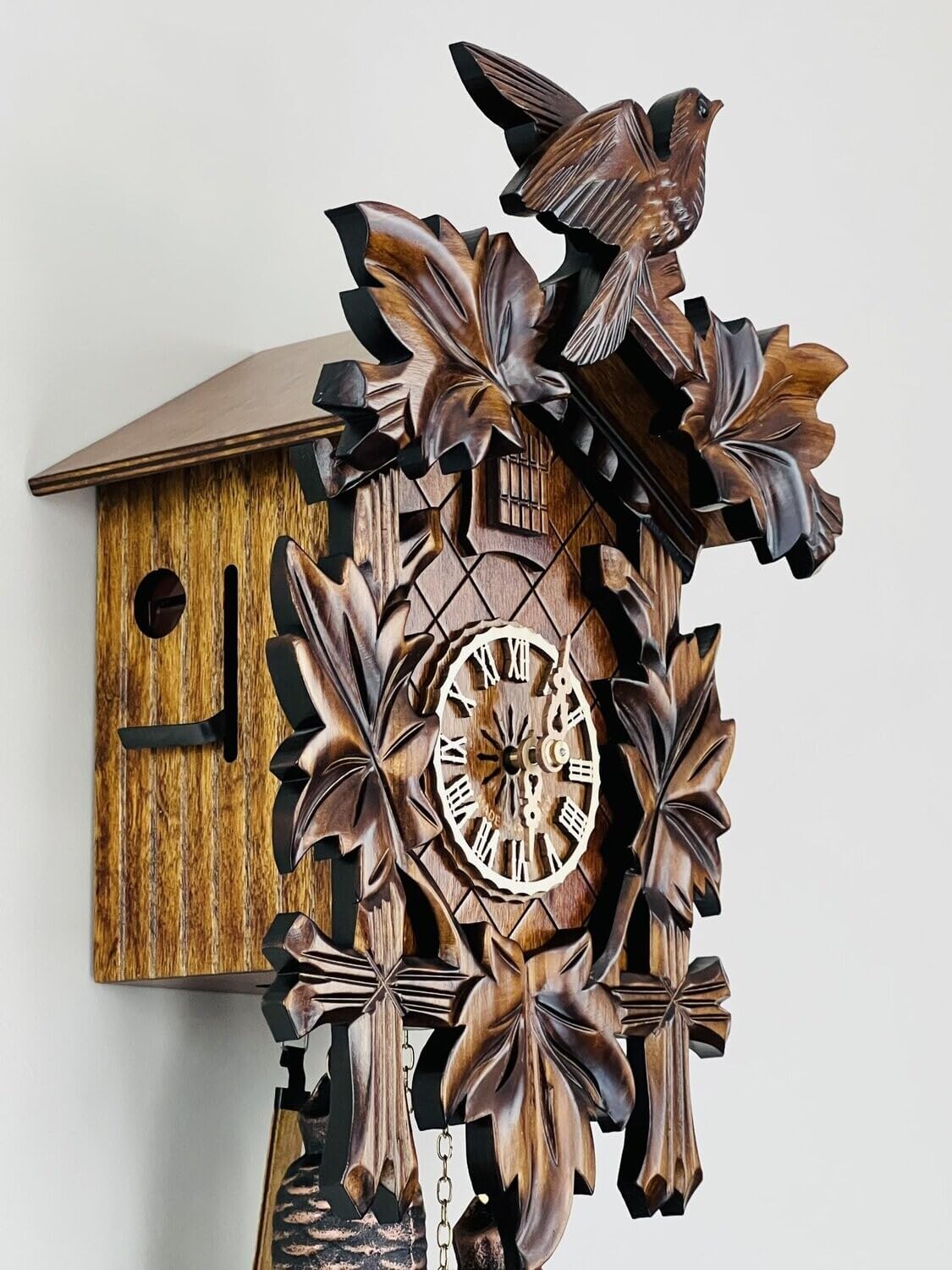 Traditional German Cuckoo Clock with Five Hand-Carved Maple Leaves and One Bird, 14-Inch Tall