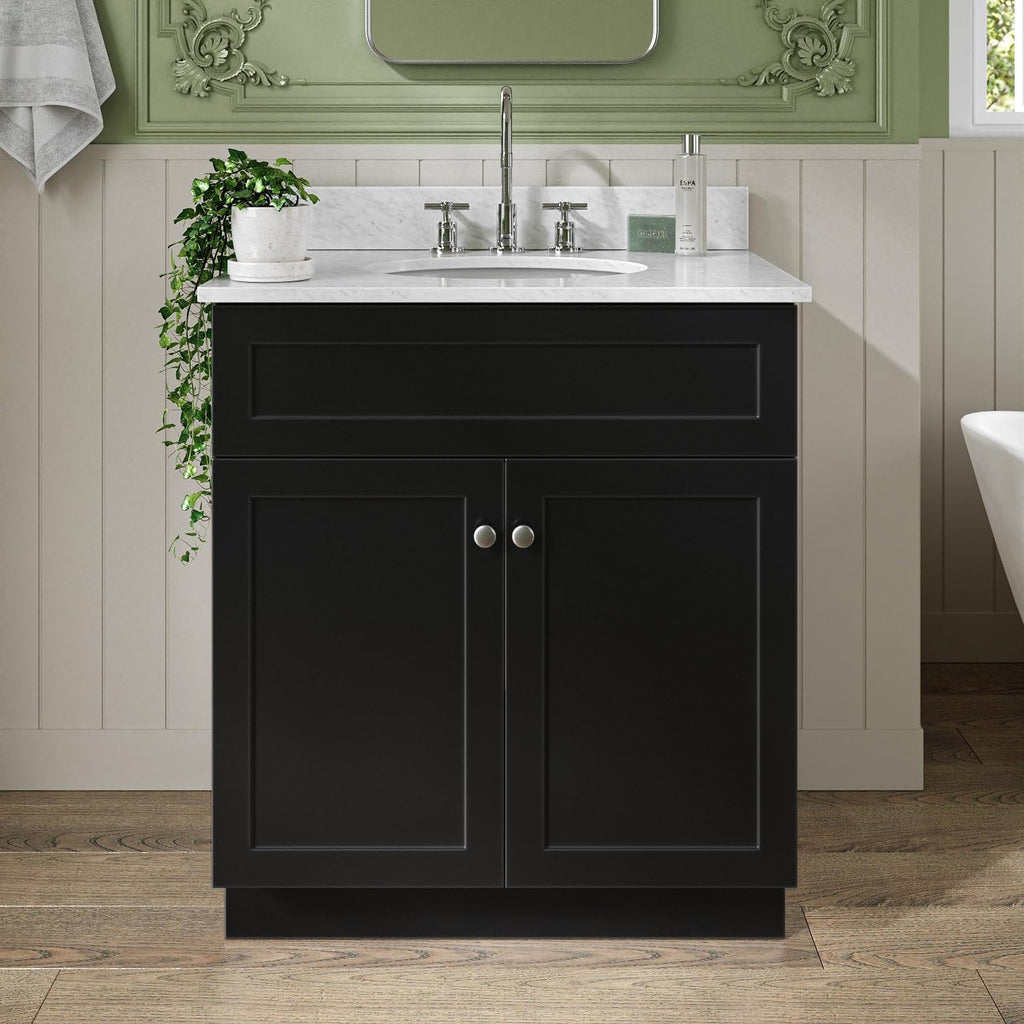 ARIEL Hamlet 30-inch Bathroom Vanity with Sink,Solid Wood, 0.75-inch Italian Carrara Marble Countertop, Single Oval Porcelain Sink, Soft Closing Doors, Black