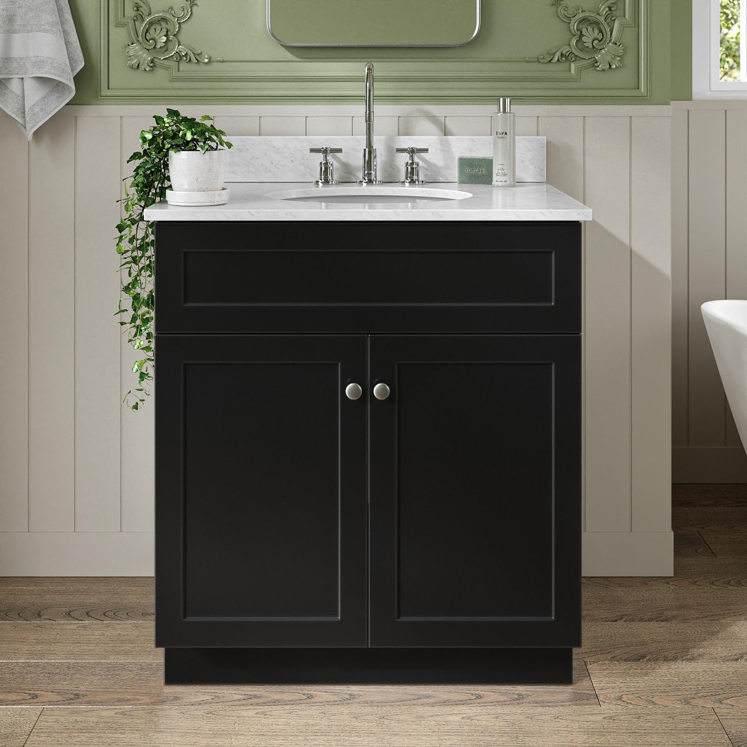 ARIEL Hamlet 30-inch Bathroom Vanity with Sink,Solid Wood, 0.75-inch Italian Carrara Marble Countertop, Single Oval Porcelain Sink, Soft Closing Doors, Black