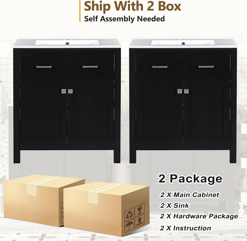 Harper & Bright Designs 60' Bathroom Vanity Set with Double Sink, Vanity Cabinet with Flip Drawer, 2 Doors, and Adjustable Shelf, Solid Wood Bathroom Cabinet with Ceramic Basin for Bathroom, Black