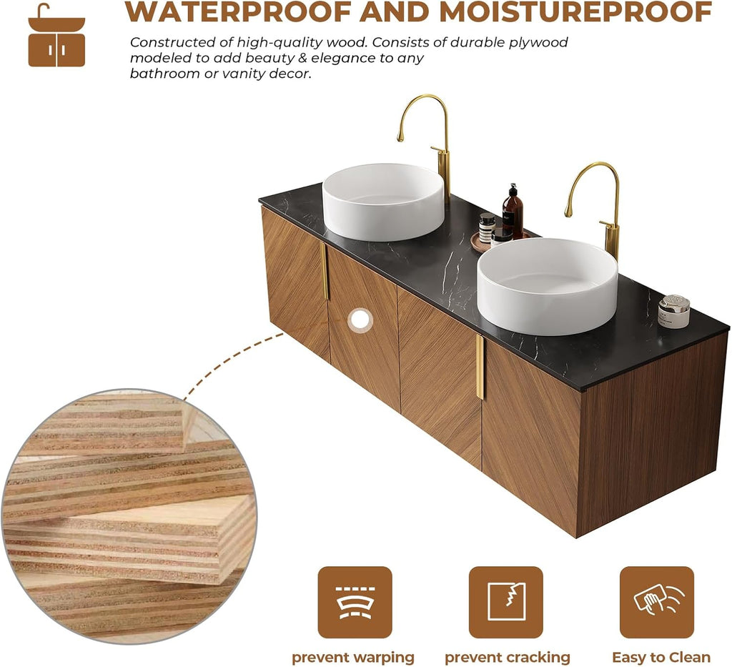 LKTART 60 Inch Bathroom Vanity Double Sink, Double Sink Bathroom Vanity with White Round Ceramic Basins, 4 Doors Modern Wall Mounted Bathroom Storage Cabinet, Black Sintered Stone Countertop, Brown
