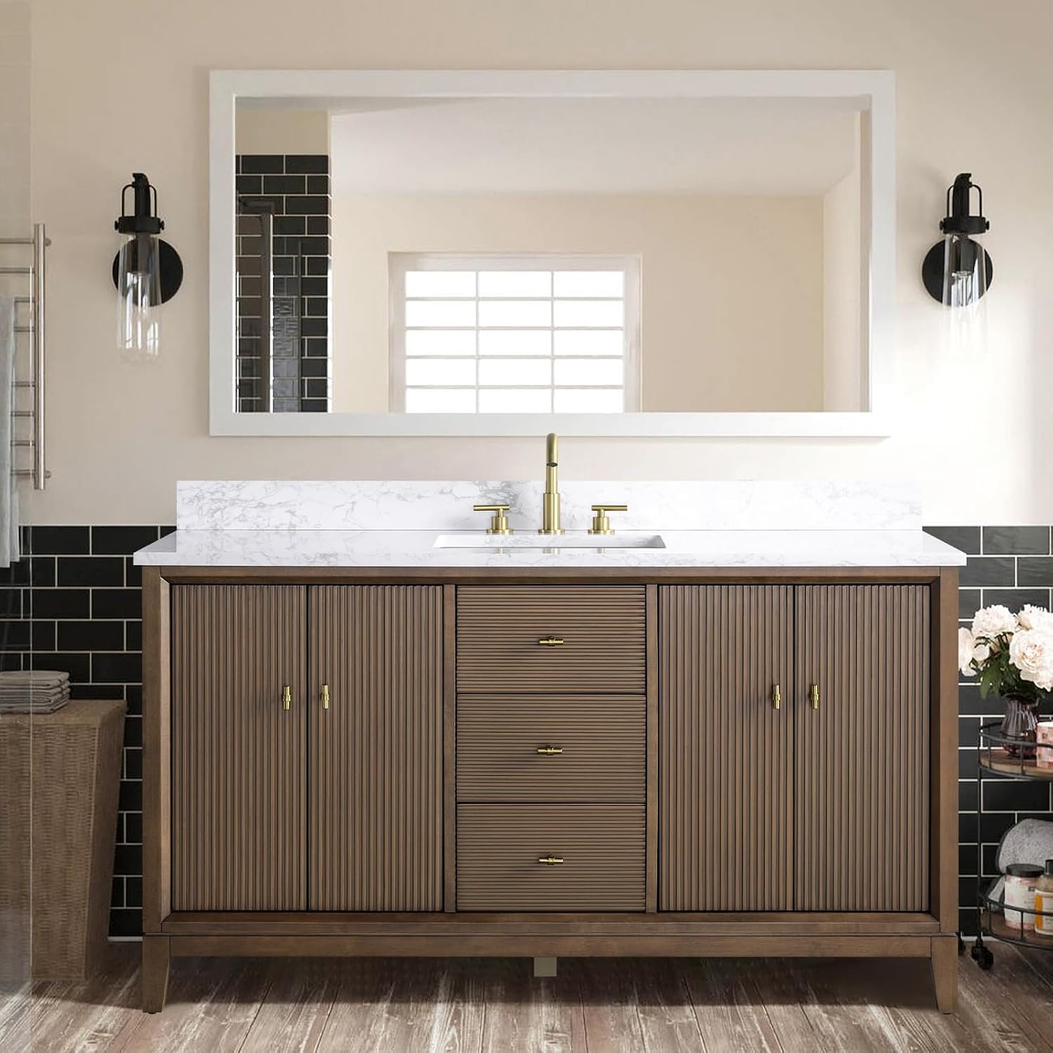HOMEBEYOND 60' Bathroom Vanity with Single Sink & Engineered Marble Top, Solid Wood Frame, Linear Pattern & Soft Close Door | Golden Brushed Handware, Walnut