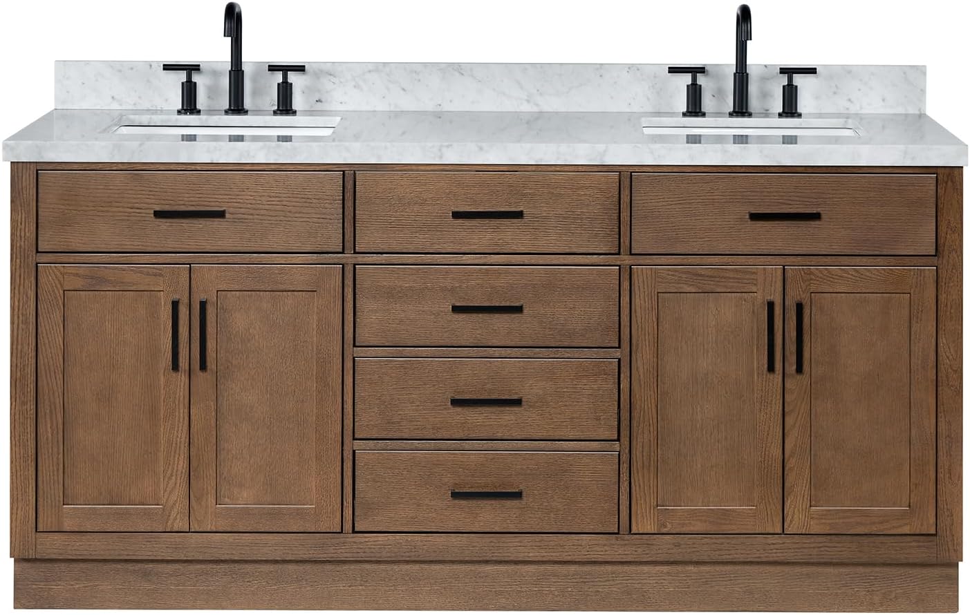 DKB Isabella 72-Inch Brown Oak Double Bathroom Vanity with Sink, 1.5-Inch Edge Italian Carrara Marble Countertop & 4' Backsplash, Soft-Closing Doors & Drawers, Solid Oak Wood Construction