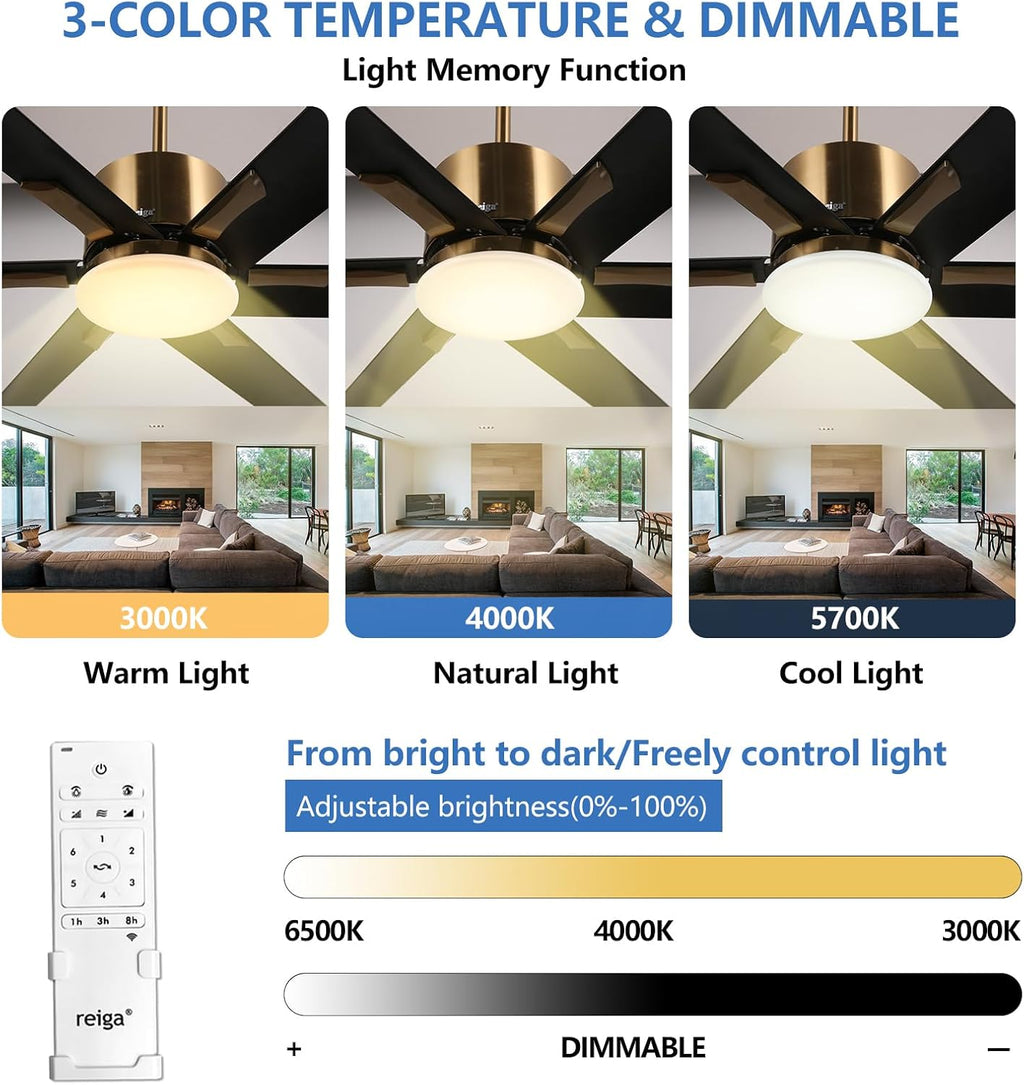reiga 72' Indoor Outdoor Black Gold 6 Aluminum Metal Blades Extra Large Modern DC Ceiling Fan with Dimming LED Light Kit, 6 Speeds, Timer, Reversible Airflow Motor for Garage, Patio, Living Room