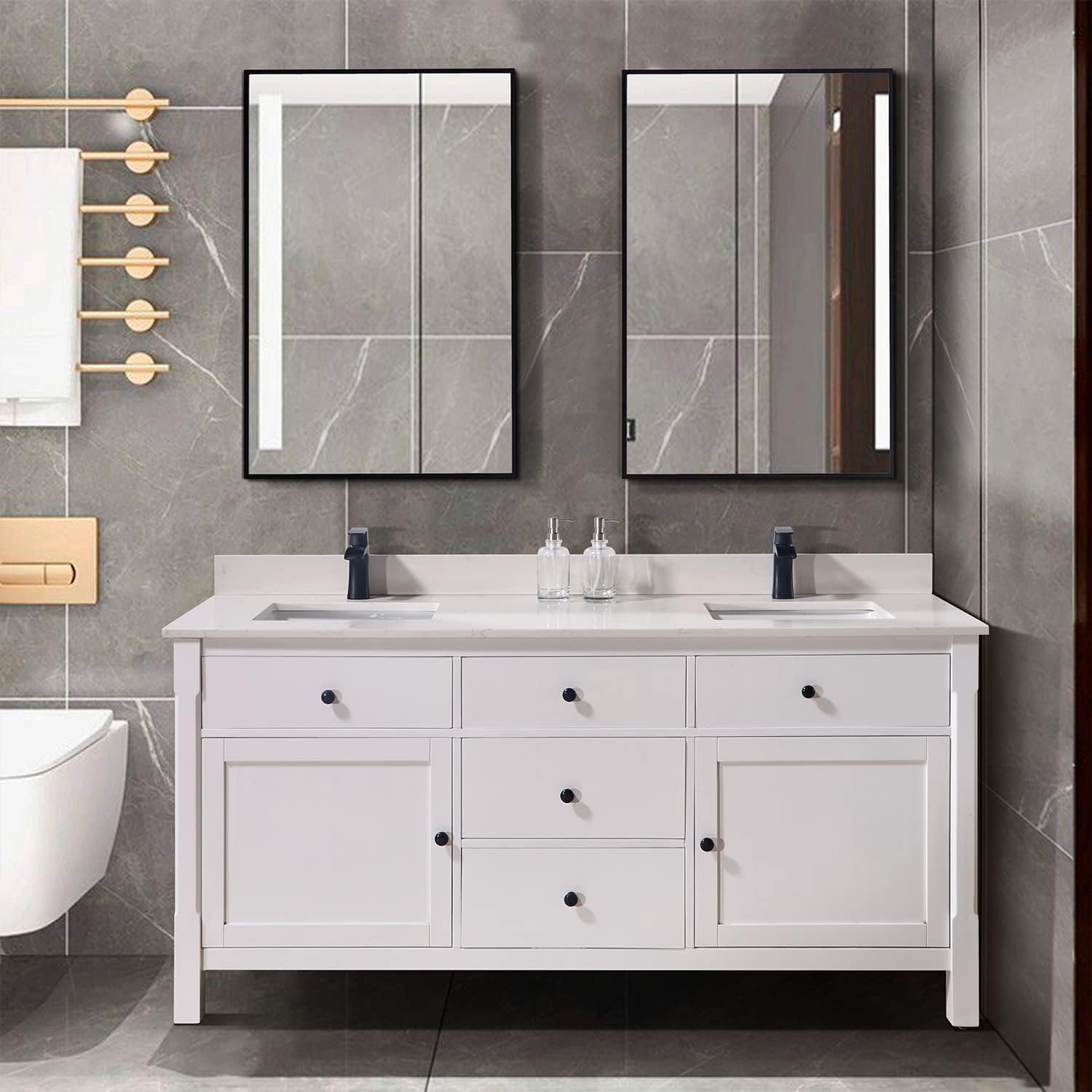 Pemberly Row Modern 73' Composite Stone Double Vanity Top, White Finish, Fits 72' W x 21' D Vanity Cabinet, Includes 2 Undermount Ceramic Basins, Pre-Drilled Faucet Holes, Matching 4' Backsplash