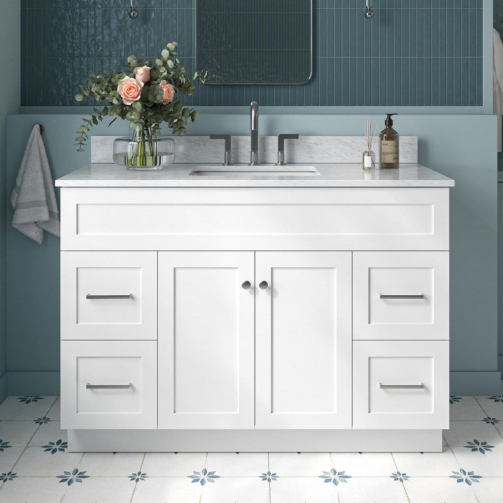 ARIEL Hamlet 48-inch Bathroom Vanity with Sink,Solid Wood, 0.75-inch Italian Carrara Marble Countertop, Single Rectangular Porcelain Sink, Soft Closing Doors, Dovetail Drawers, White