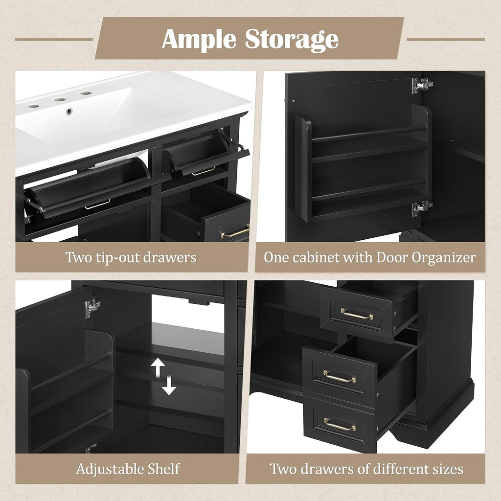 36' Bathroom Vanities Cabinet with Ceramic Sink Set Combo, Tip-Out Drawers, Storage Organizer Door Shelf, Soft-Closing Door, Black