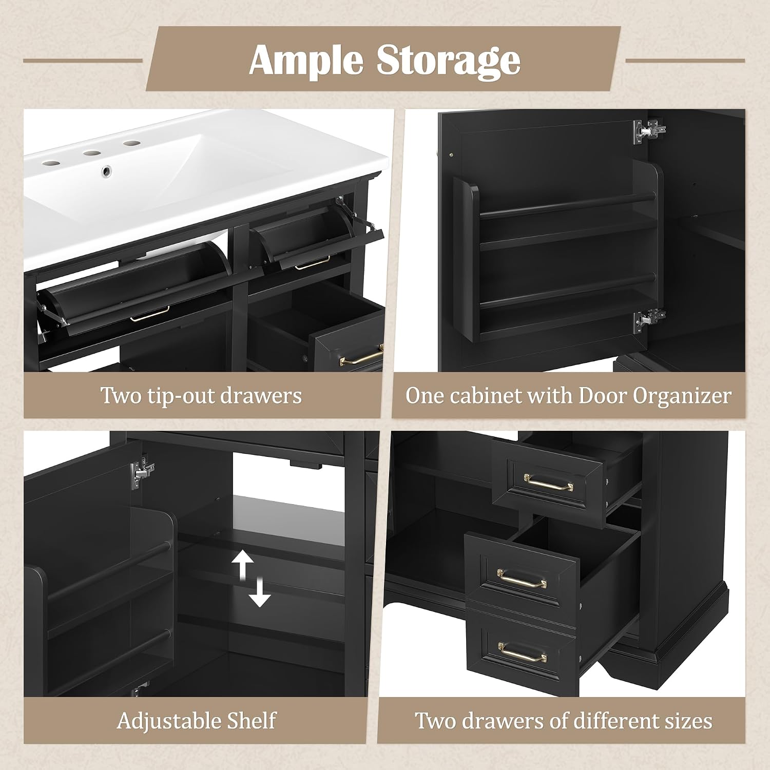 36' Bathroom Vanities Cabinet with Ceramic Sink Set Combo, Tip-Out Drawers, Storage Organizer Door Shelf, Soft-Closing Door, Black