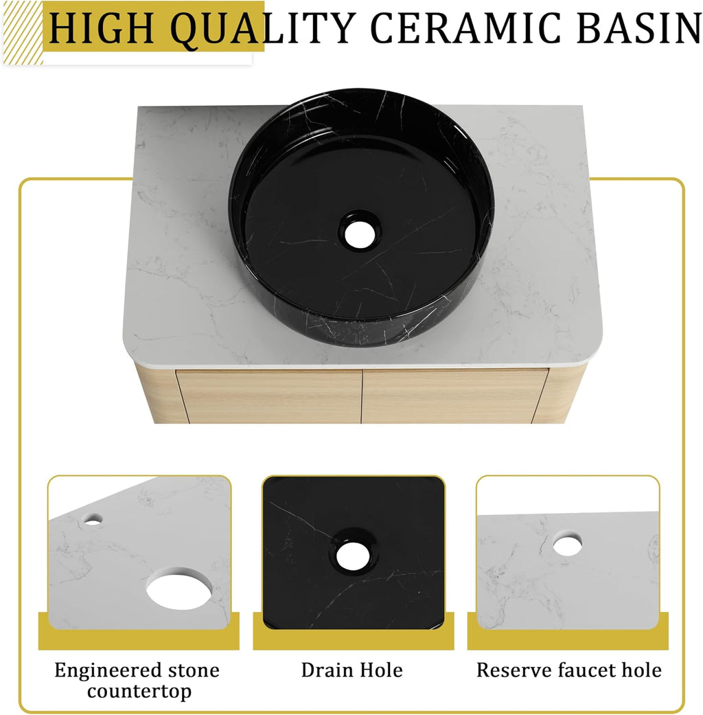 30 Inch Wall-Mounted Bathroom Vanity with Sink Combo Modern Floating Bathroom Vanitites with Round Ceramic Vessel Sink 30' Bathroom Sink Cabinet with Marble Counter Top & Soft Closing Door