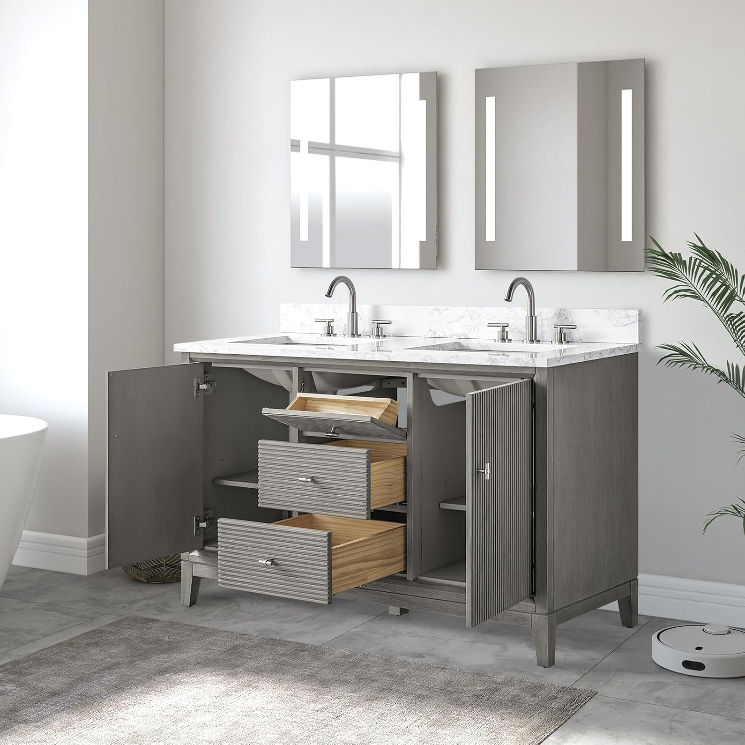 Vanity Art 54' Bathroom Vanity with Double Sink & Arabescato White Engineered Stone Top, Vanity Cabinet with Soft Closing Door, Solid Wood Frame, Brushed Nickel Handles, Driftwood Gray VA8154D-DG-BN