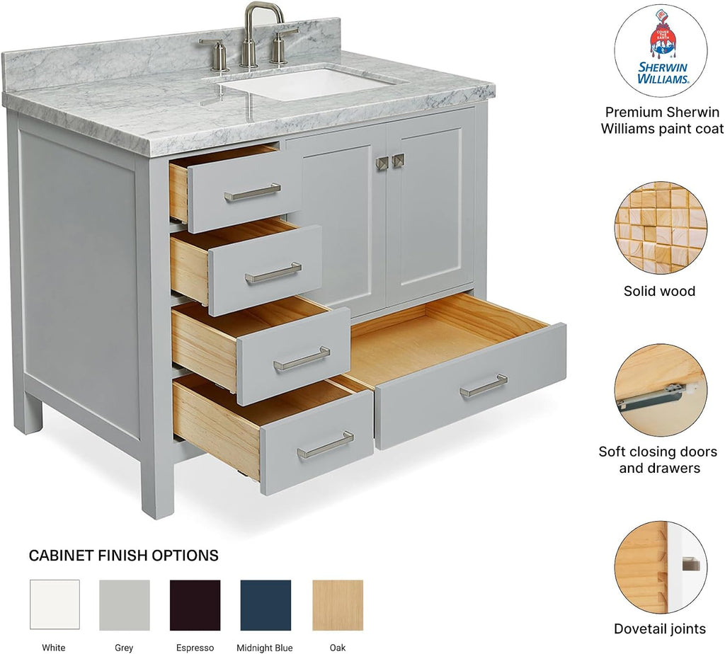 DKB Beckford 42-Inch Grey Bathroom Vanity with Right Offset Rectangular Undermount Sink, Italian Carrara White Marble Countertop, 2 Soft Closing Doors, 5 Dovetail Drawers, No Mirror