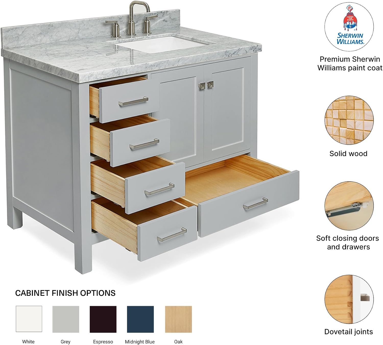 DKB Beckford 42-Inch Grey Bathroom Vanity with Right Offset Rectangular Undermount Sink, Italian Carrara White Marble Countertop, 2 Soft Closing Doors, 5 Dovetail Drawers, No Mirror