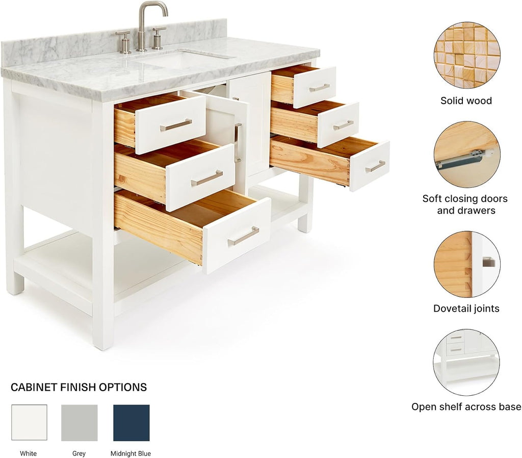 ARIEL Magnolia 54-inch Bathroom Vanity with Sink,Solid Wood, 1.5-inch Italian Carrara Marble Countertop, Single Rectangular Porcelain Sink, Soft Closing Doors, Dovetail Drawers, White