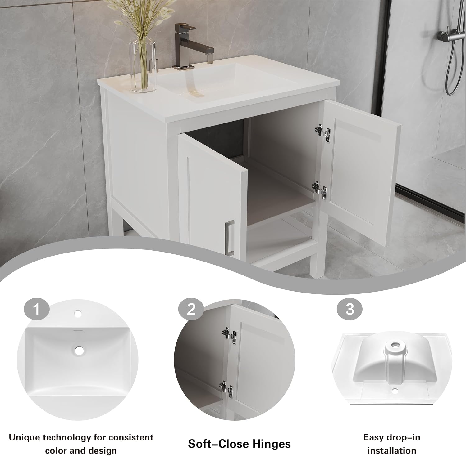 24' Bathroom Vanity with Sink – Freestanding Solid Wood Cabinet with Open Shelf, Soft-Close Doors, Matte White Resin Integrated Top (25' Top Included, White)