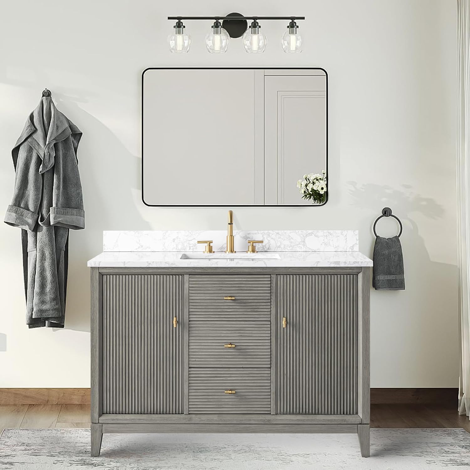 HOMEBEYOND 48' Bathroom Vanity with Single Sink & Engineered Marble Top, Solid Wood Frame, Linear Pattern & Soft Close Door | Golden Brushed Handware, Driftwood Gray