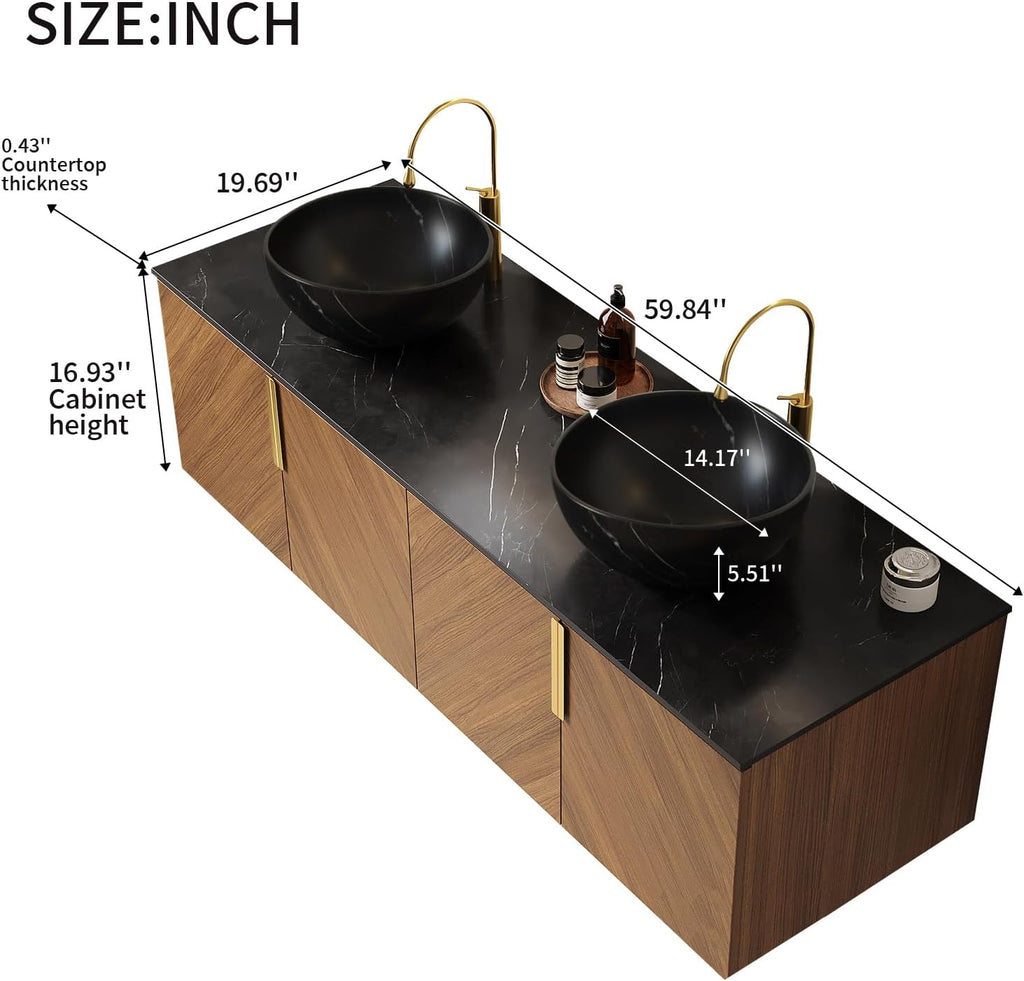 LKTART 60 Inch Bathroom Vanity Double Sink, Double Sink Bathroom Vanity with Black Bowl Ceramic Basins, 4 Doors Modern Wall Mounted Bathroom Storage Cabinet, Black Sintered Stone Countertop, Brown
