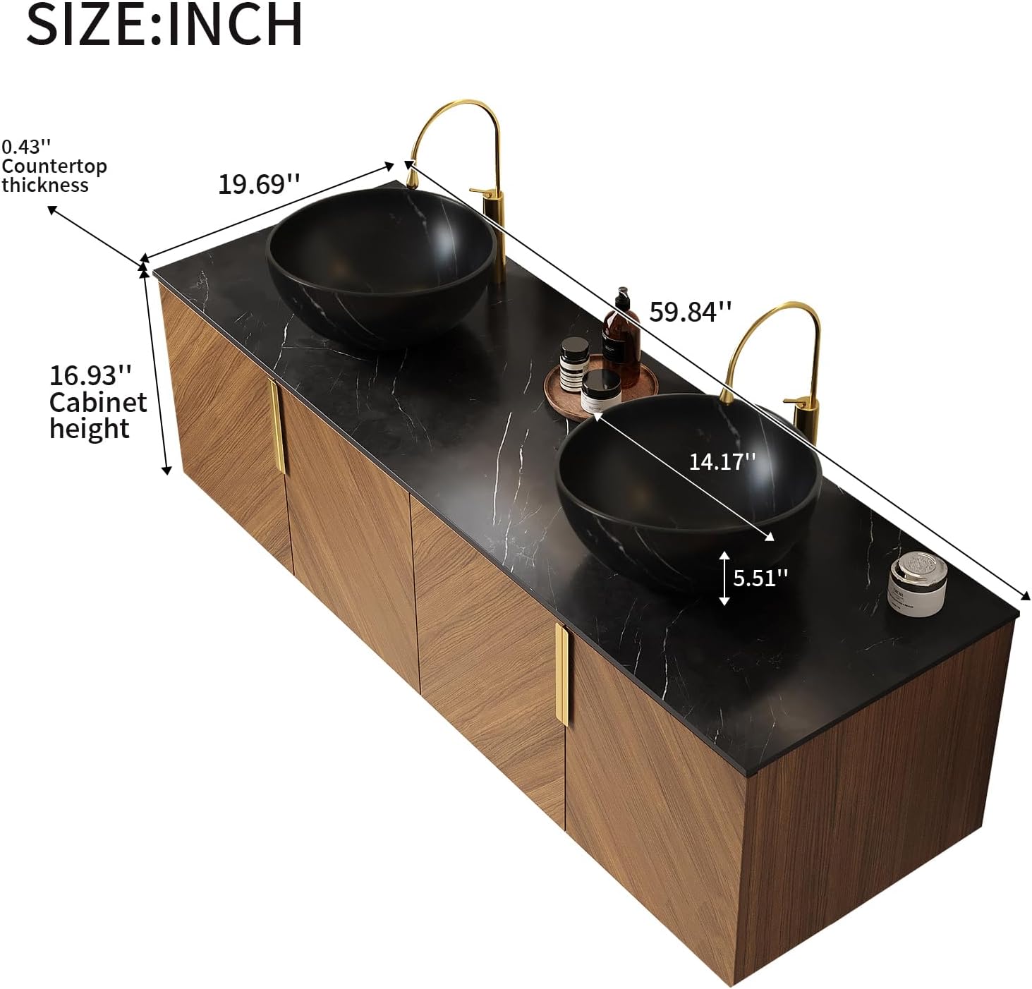 LKTART 60 Inch Bathroom Vanity Double Sink, Double Sink Bathroom Vanity with Black Bowl Ceramic Basins, 4 Doors Modern Wall Mounted Bathroom Storage Cabinet, Black Sintered Stone Countertop, Brown