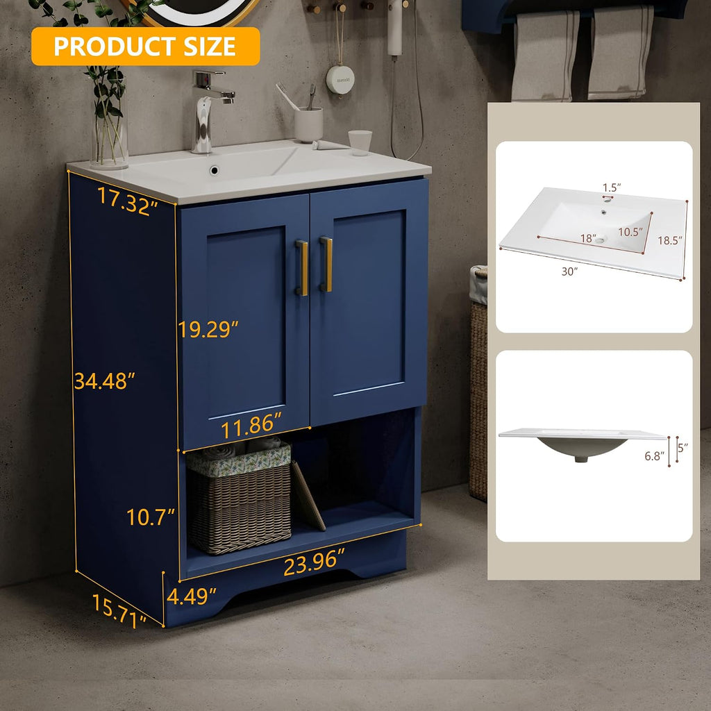 24 Inch Modern Bathroom Vanity with Ceramic Sink - Freestanding Cabinet 2 Soft-Close Doors & 1 Open Shelf, White Space-Saving Design for Powder Rooms (Blue)