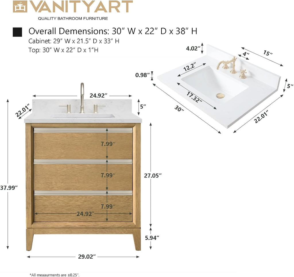 Vanity Art 30 inch Small Bathroom Vanity with Sink & Ceramic Top, Oak Vanity Cabinet with 3 Drawers, Solid Wood Frame, Ceramic Sink, Natural Oak, VA8030-NO1