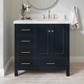 ARIEL Cambridge 36-inch Bathroom Vanity with Sink,Solid Wood, 1.5-inch Pure White Quartz Countertop, Single Rectangular Porcelain Sink, 2 Soft Closing Doors, 5 Dovetail Drawers, Midnight Blue