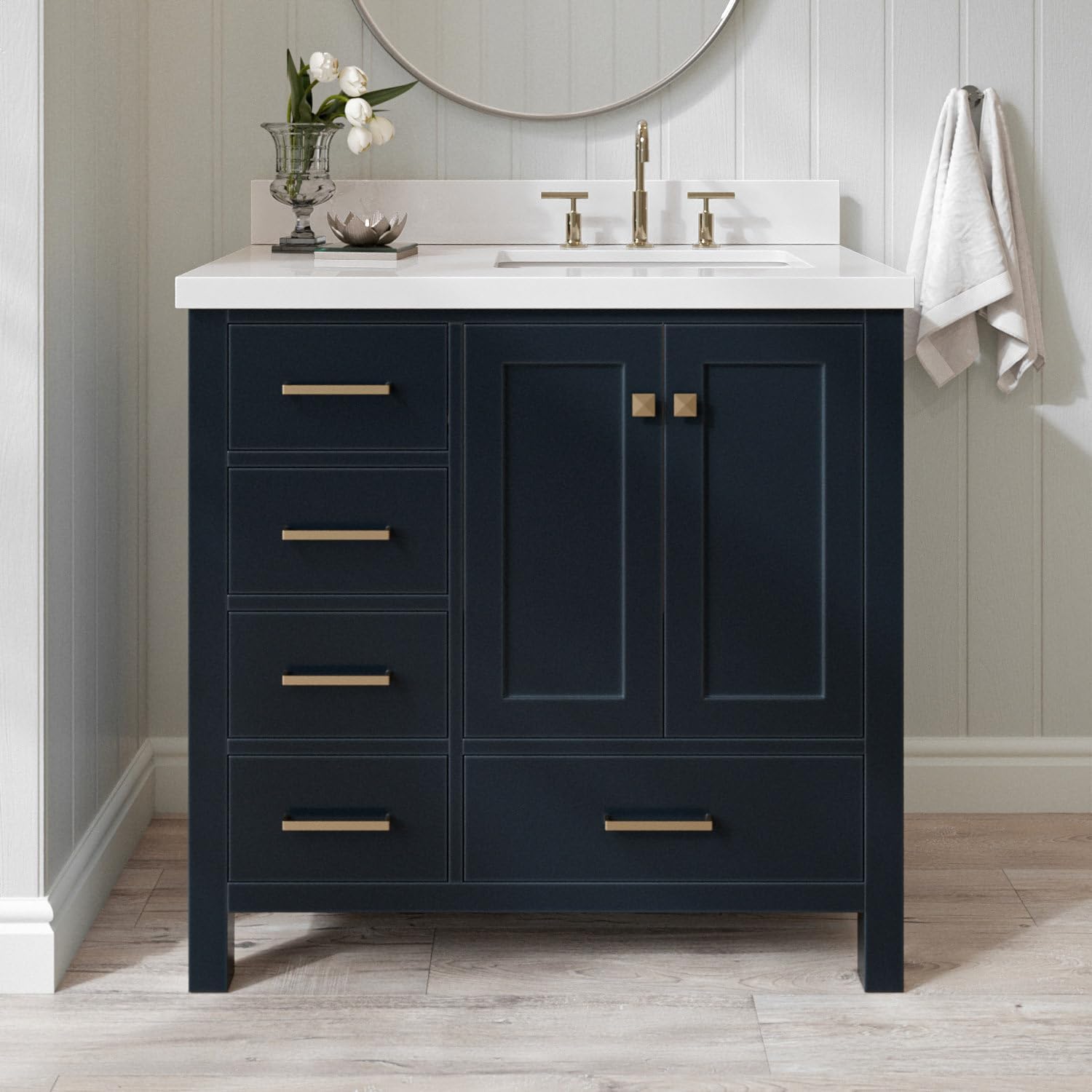 ARIEL Cambridge 36-inch Bathroom Vanity with Sink,Solid Wood, 1.5-inch Pure White Quartz Countertop, Single Rectangular Porcelain Sink, 2 Soft Closing Doors, 5 Dovetail Drawers, Midnight Blue