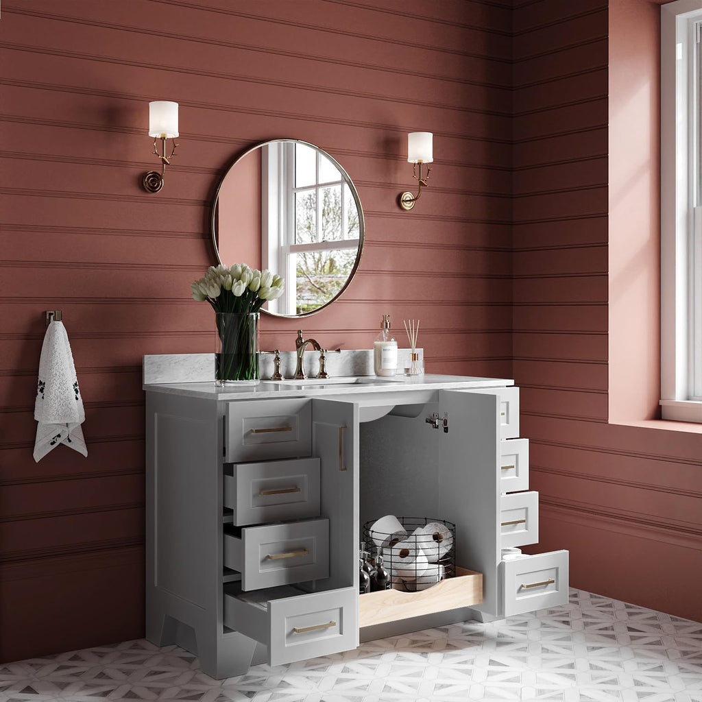ARIEL Taylor 48-inch Bathroom Vanity with Sink,Solid Wood, 0.75-inch Italian Carrara Marble Countertop, Single Rectangular Porcelain Sink, Soft Closing Doors, Dovetail Drawers, Grey