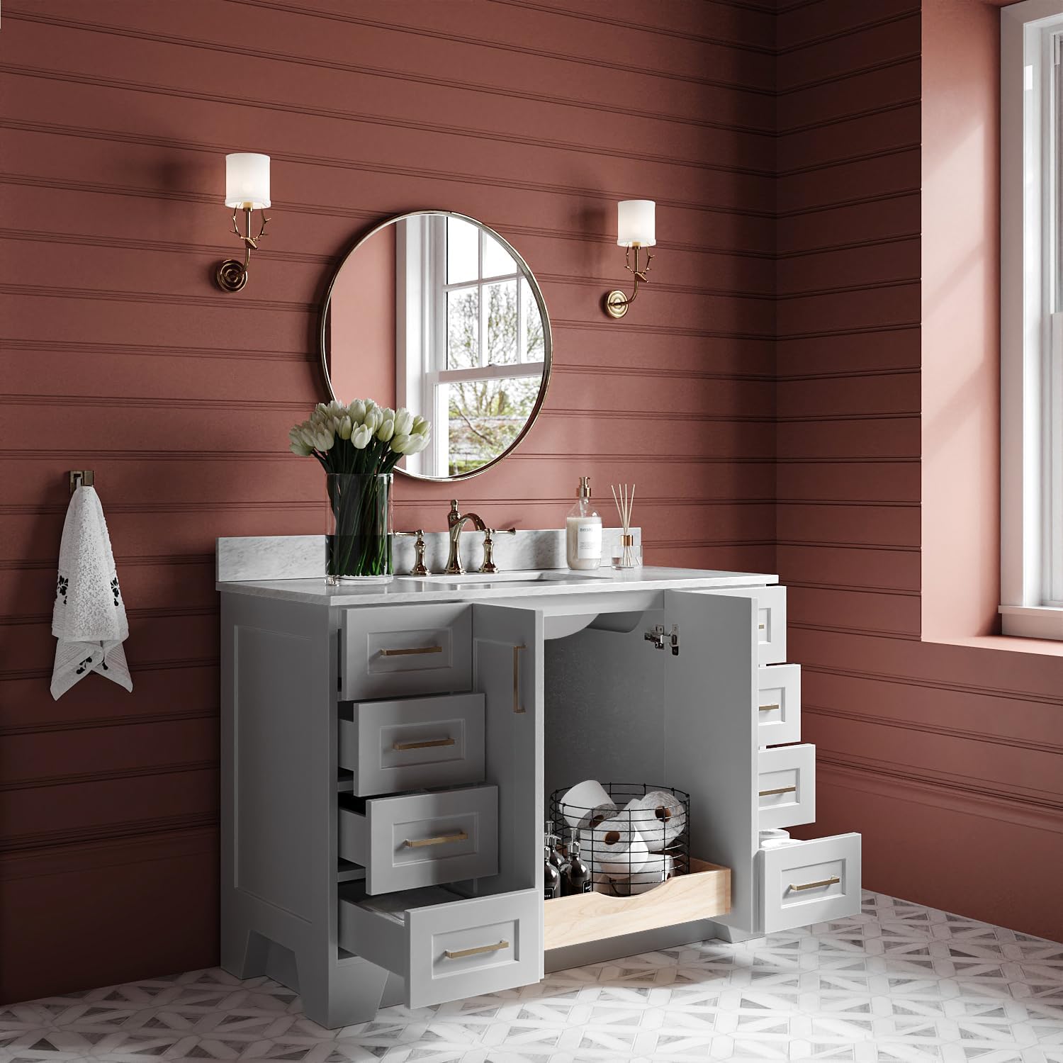 ARIEL Taylor 48-inch Bathroom Vanity with Sink,Solid Wood, 0.75-inch Italian Carrara Marble Countertop, Single Rectangular Porcelain Sink, Soft Closing Doors, Dovetail Drawers, Grey