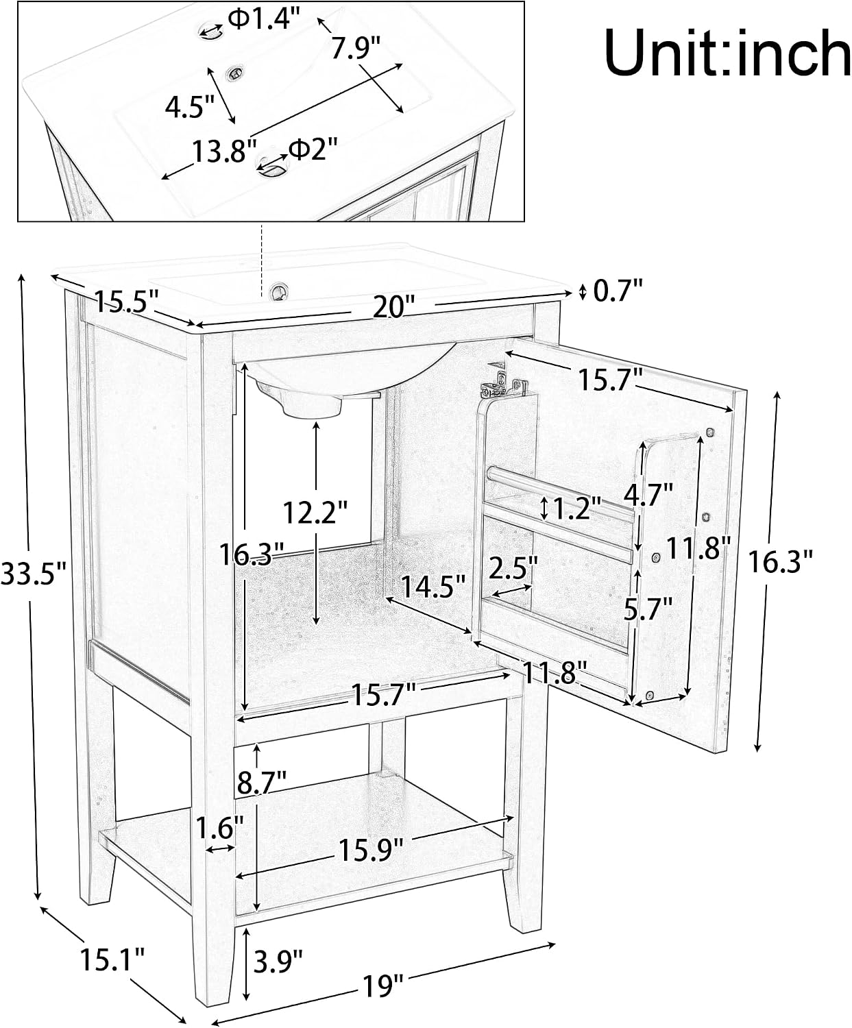 Bathroom Vanity with Sink 20 Inch, Cabinet with Two-Tier Door Shelf Rack & Open Storage, Solid Wood Legs, White