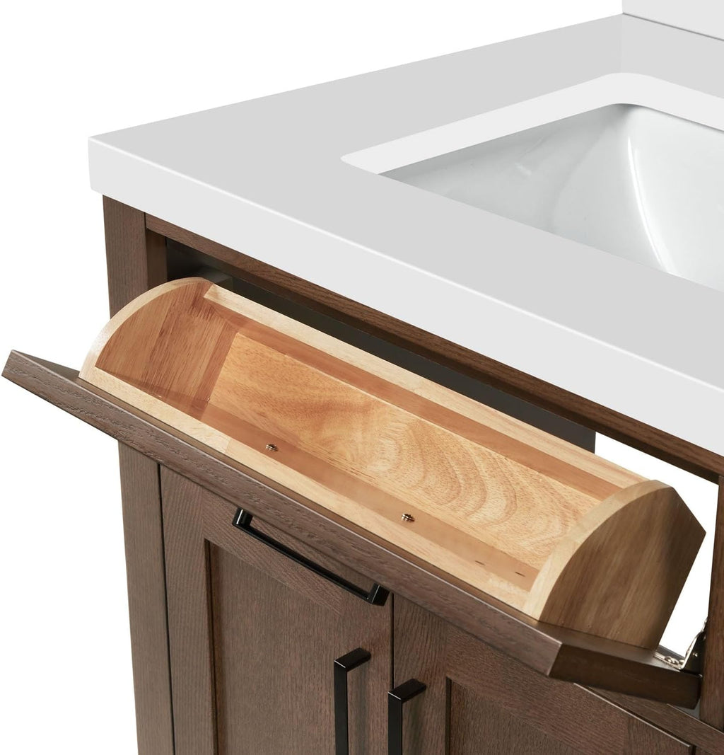 DKB Isabella 42-Inch Brown Oak Single Bathroom Vanity with Sink, 1.5-Inch Edge Pure White Quartz Countertop & 4' Backsplash, Soft-Closing Doors & Drawers, Solid Oak Wood Construction