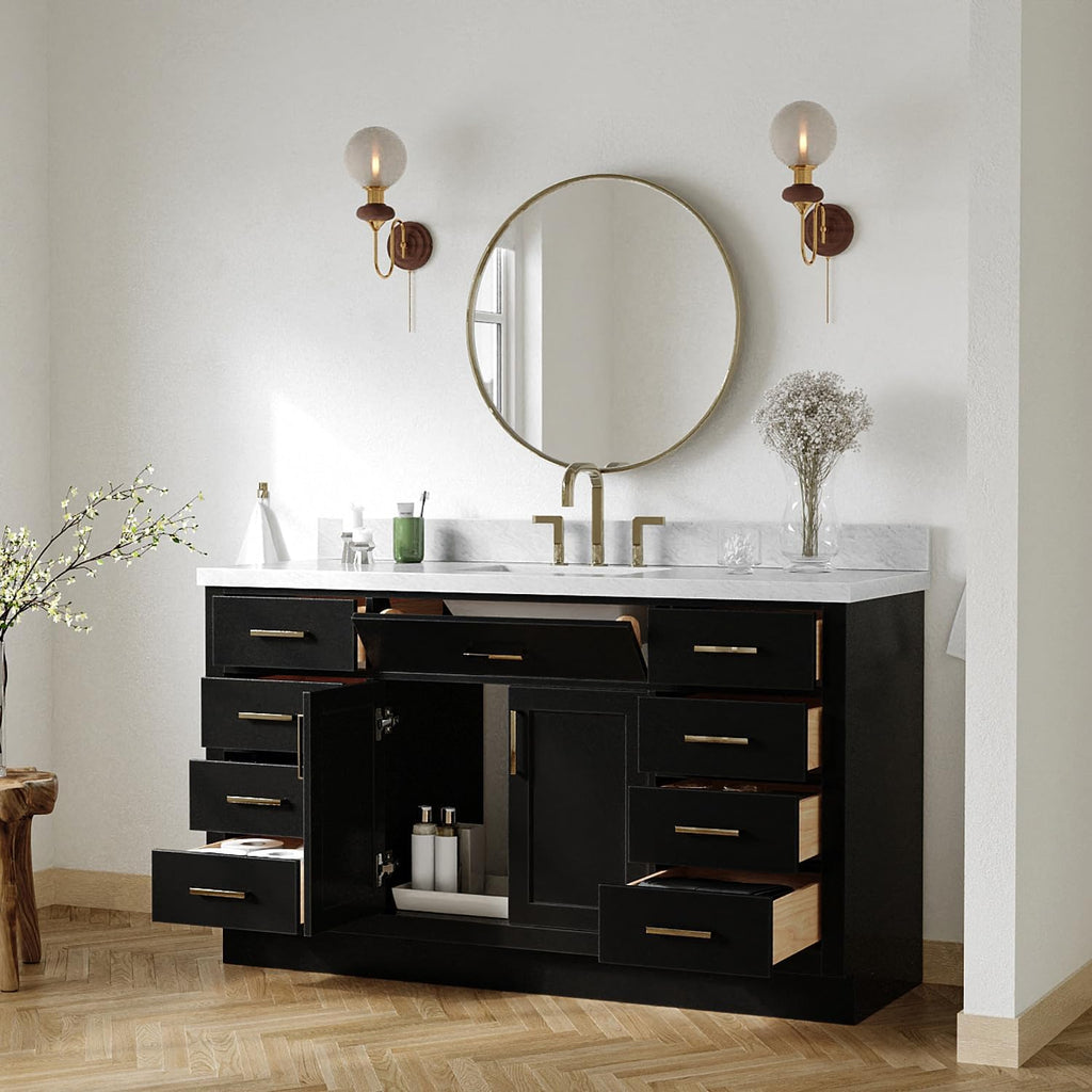ARIEL Hepburn 60-inch Bathroom Vanity with Sink,Solid Wood, 1.5-inch Italian Carrara Marble Countertop, Single Rectangular Porcelain Sink, 2 Soft Closing Doors, 9 Dovetail Drawers, Black