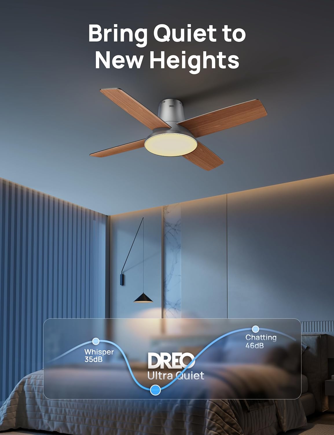 DREO Ceiling Fans with Lights and Remote, 44 inch Low Profile Sliver Ceiling Fan, Reversible, 5CCT, 6-Level Dimmable, 6 Speeds Bedroom Ceiling Fan, Quiet, Easy to Install, Timer, Flush Mount