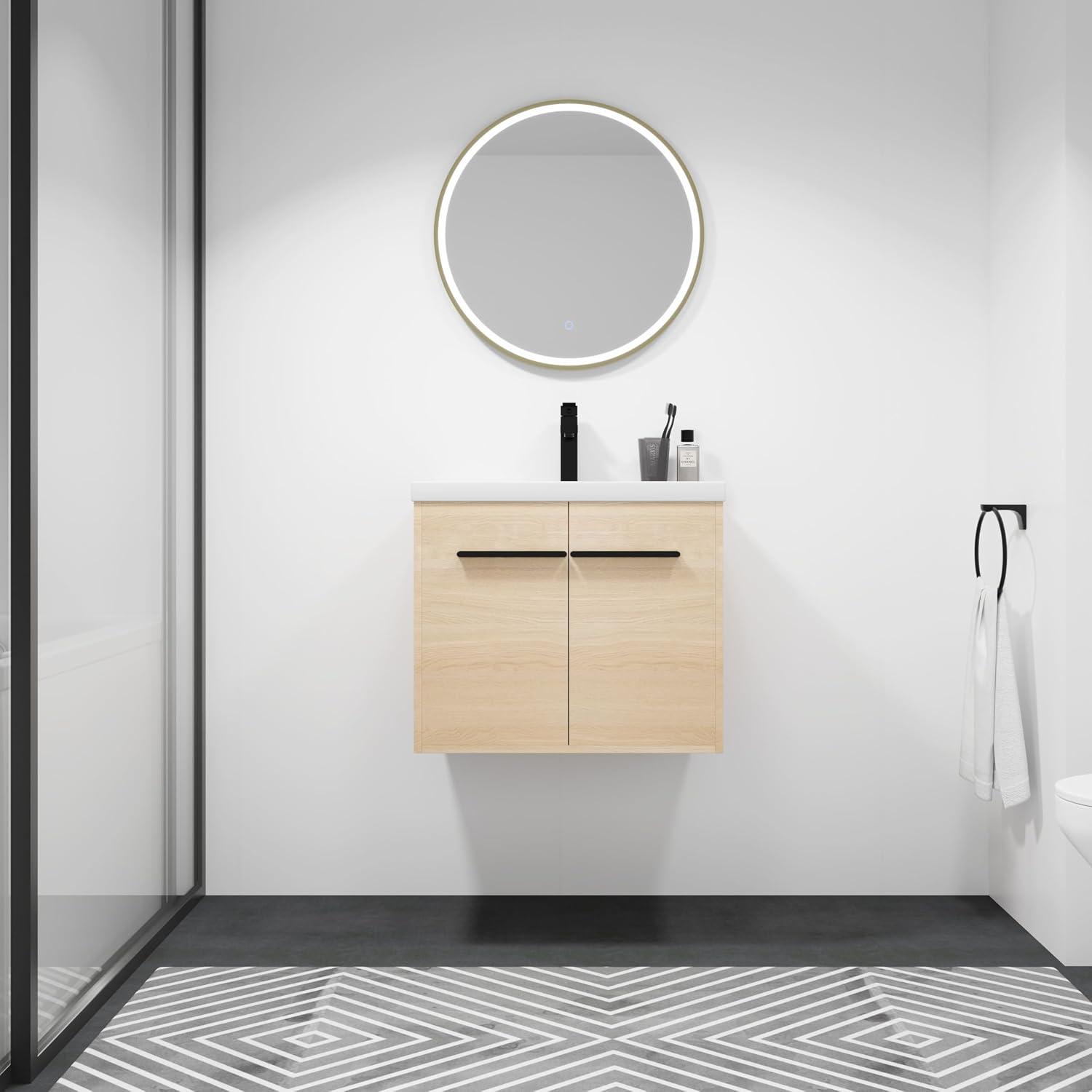 Floating Vanity Bathroom, 24 Inch Bathroom Vanity with Sink, Wall Mounted Single Sink Bathroom Vanity, Soft Closed Doors, Integrated Sink, Engineered Wood (Oak)